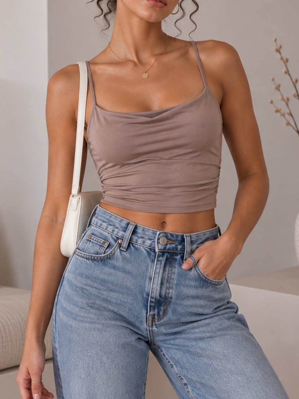 Spaghetti Strap Crop Top in Taupe